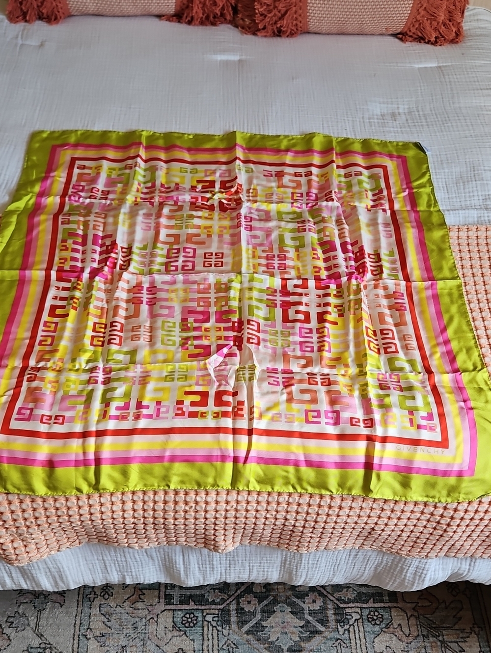 Givenchy Silky Geometric Print Scarf in Lime Green and Pink